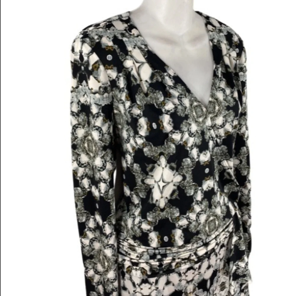 Cache black silver diamond kaleidoscope print surplice dress H19